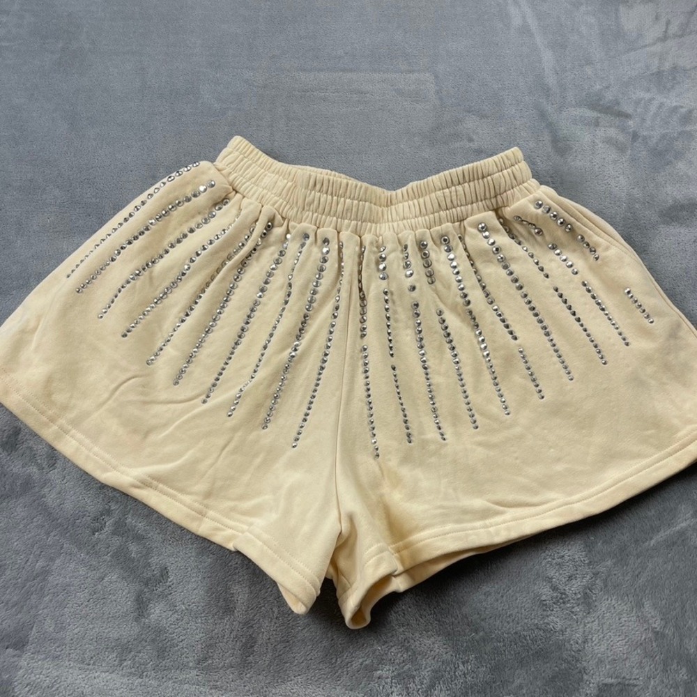 Queen of Sparkles Cream Rhinestone Embellished Sweat Shorts Women's Medium